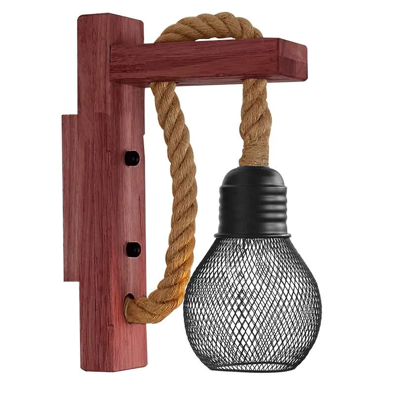Vintage Wandlampe Holz Hanfseil Metallkäfig Wandleuchte ~2634