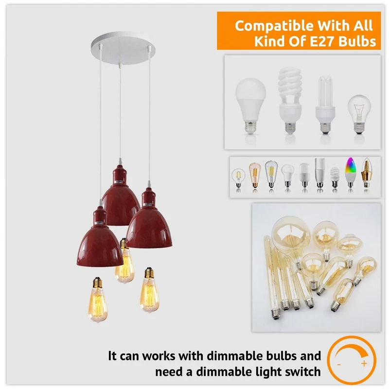 Industrielampen Hängeleuchten Pendelleuchte 3-Flammig, 15 cm, Burgund~2500