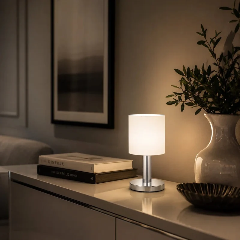 Honsel NADA Nachttischlampe – Chrom mit weißem Stoffschirm, 3-Stufen-Touchdimmer, E27