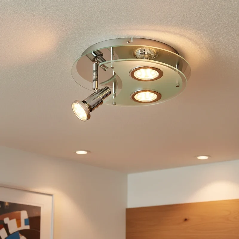 LED Deckenlampe 3x GU10 1x schwenkbar Glas matt Chrom Halbmond-Glas