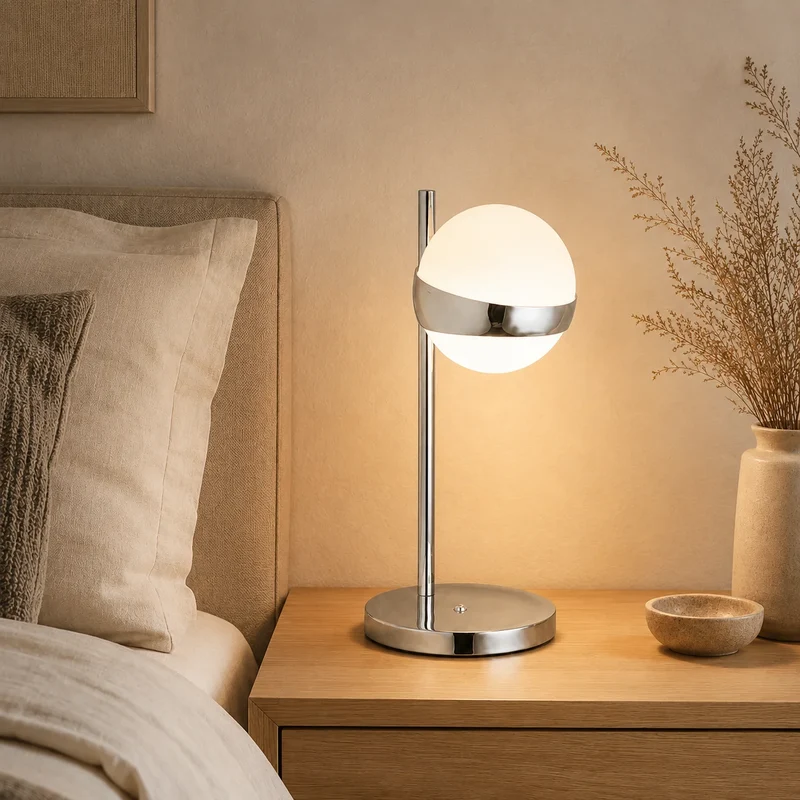 ESTO TAURUS Kugel-Tischlampe – weiße Opalglaskugel, Chrom glänzend, 47,5 cm, E27