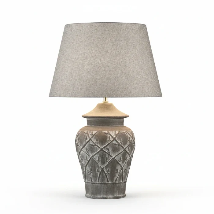 Sorpetaler FIORE Marrone Tischlampe – Beton-Keramik braun-grau mit Antik-Patina, Stoffschirm, 66 cm