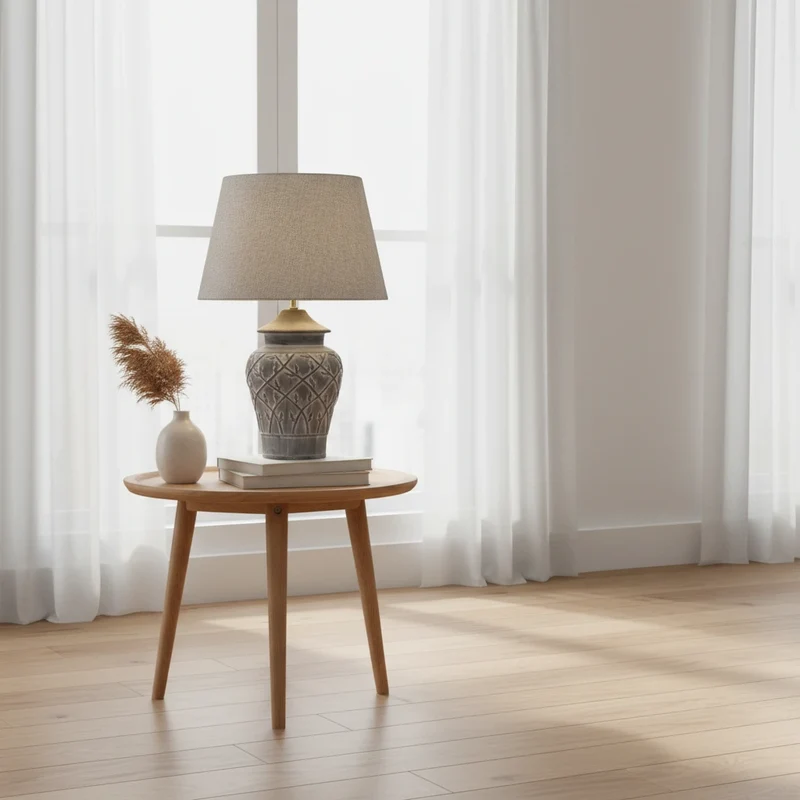 Sorpetaler FIORE Griggio Tischlampe – Beton-Keramik grau mit Antik-Patina, Stoffschirm, 66 cm