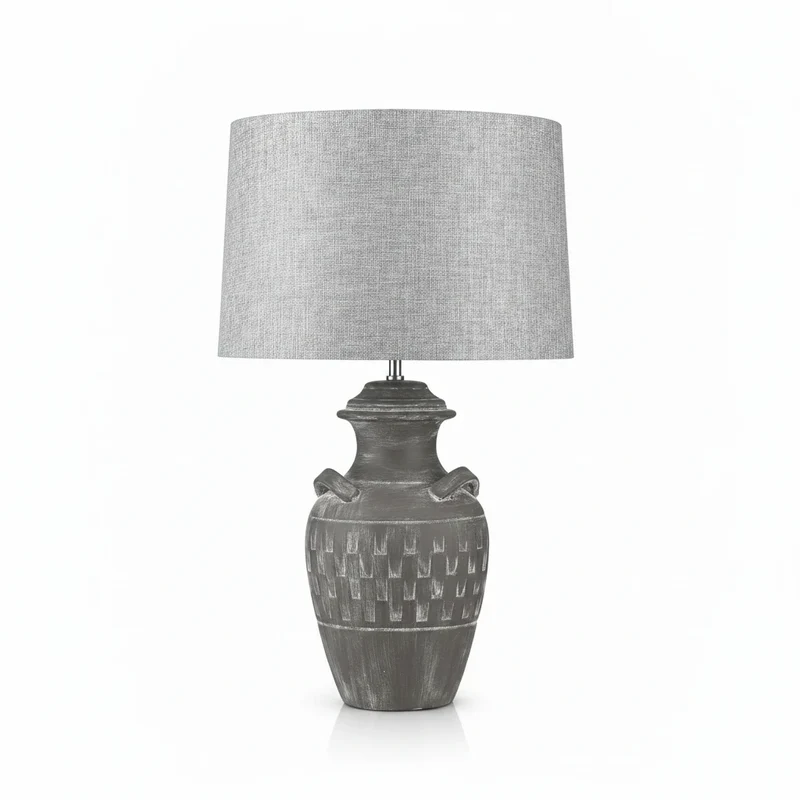 Sorpetaler MANICA Marrone Hockerleuchte – Beton-Keramik braun-grau, grauer Stoffschirm, 73 cm