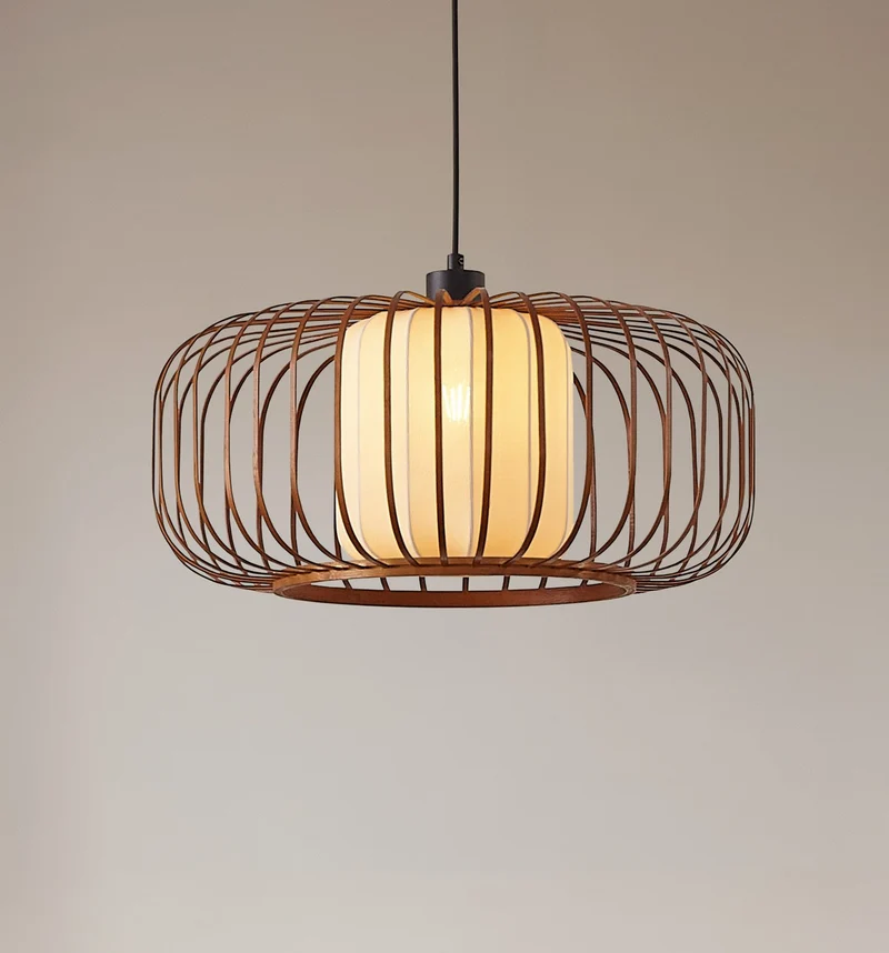 B-Ware Lindby Pendelleuchte Davella 50 cm Bambus Textil dimmbar Holzfarbe