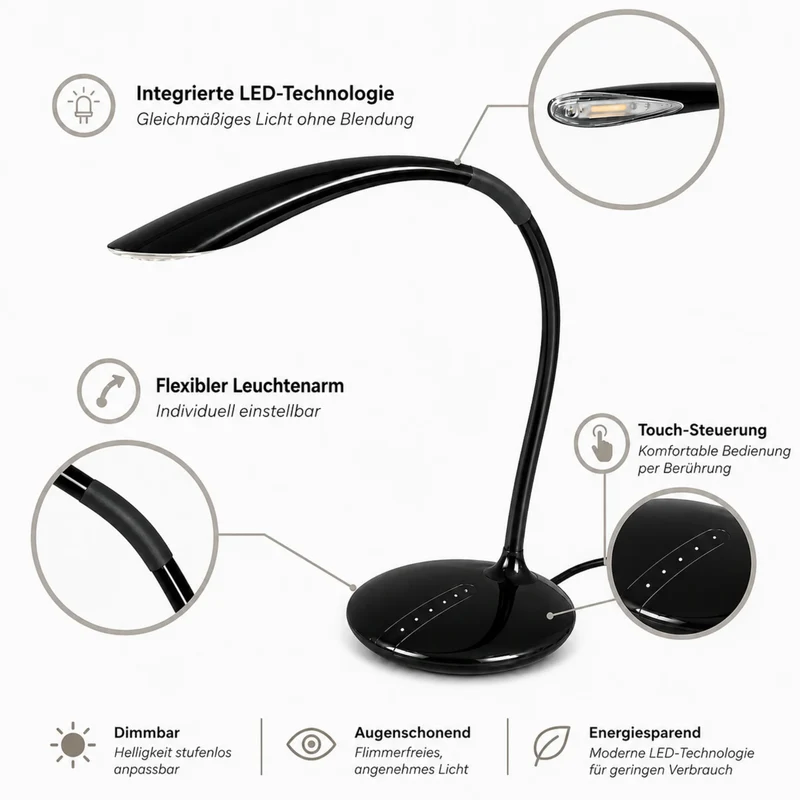Design LED Schreibtischleuchte CALLA Schwarz – dimmbar 6W Büro- & Tischlampe von Sompex