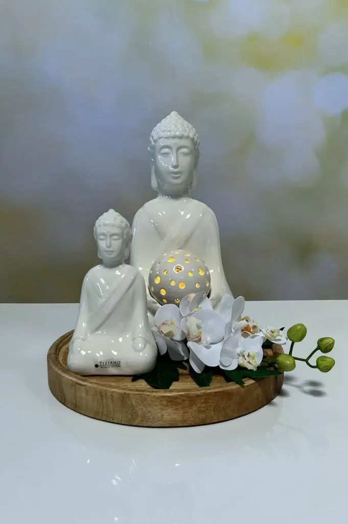 Dekofigur Shiva 34 creme-weiß mit Kugel Padova LED 8 creme