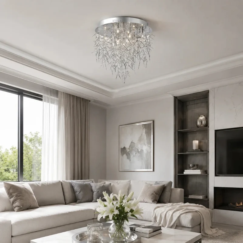 Moderne Deckenleuchte mit Deko Behang Rund Horny – Chrom • Silber | Sompex