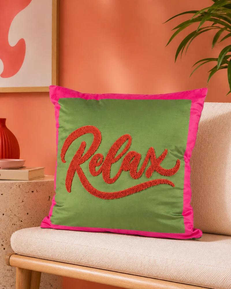 Deko Samtkissen beflockt 45cm mit Botschaft Relax