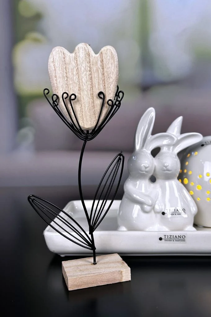 Metallständer mit Holzblume 41,5cm natur/schwarz