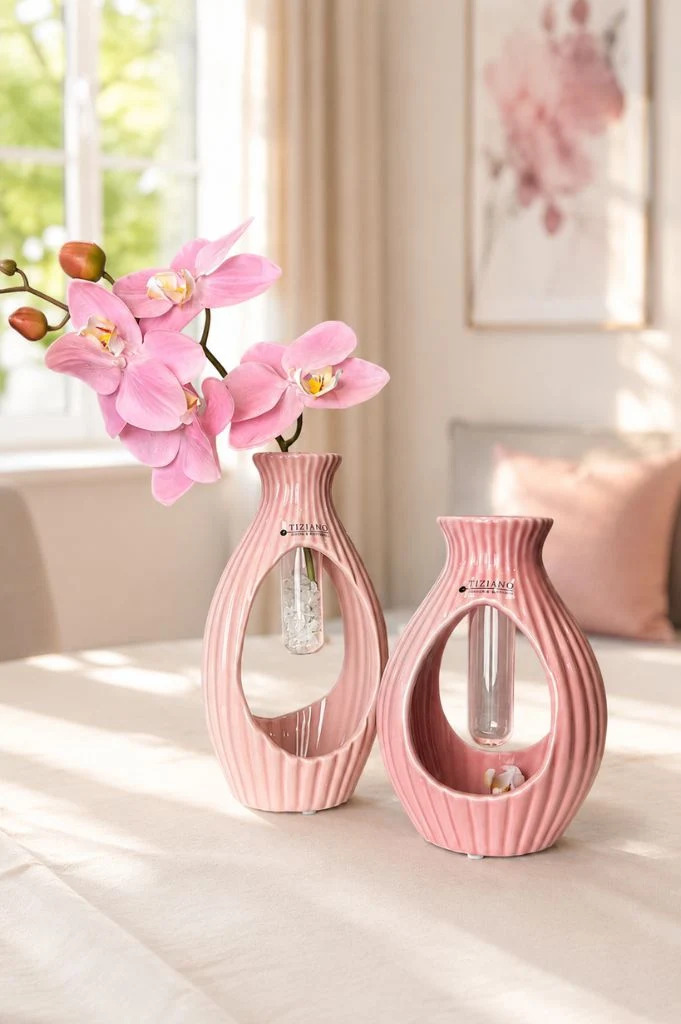 Vase Prisma mit Glasröhrchen in 2 Rosatönen