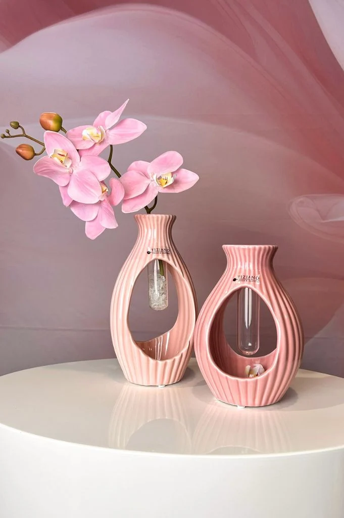 Vase Prisma mit Glasröhrchen in 2 Rosatönen
