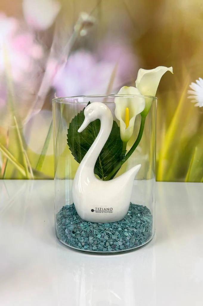 Dekoset Glasvase Nostra klar+Schwan Scarlett creme-weiß