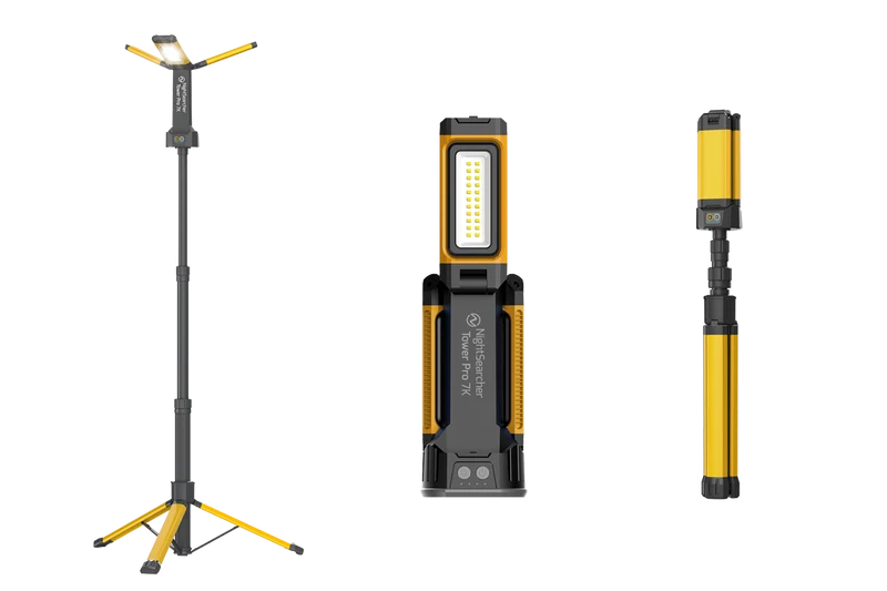 NightSearcher 7K Tower Pro – Zusammenklappbares Hybrid-Flutlicht, wiederaufladbar + Netzbetrieben