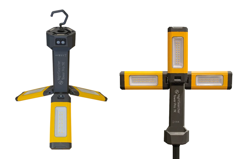 NightSearcher 7K Tower Pro – Zusammenklappbares Hybrid-Flutlicht, wiederaufladbar + Netzbetrieben