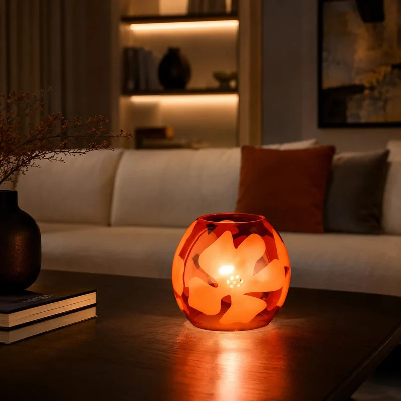 Honsel VELA kleine Glas-Tischlampe – Orange mit floralem Dekor, rund, E14