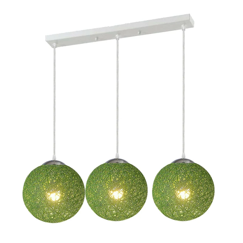 Modern Rattan Wicker Woven Ball Globe 3 Head Vine Ball Industrial Rectangle Base Deckenleuchte Grün~2069