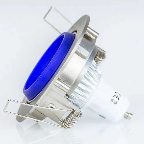 Design LED Einbaustrahler GU10 – 5 W, 230 V, schwenkbar, Glas blau, Chrom matt