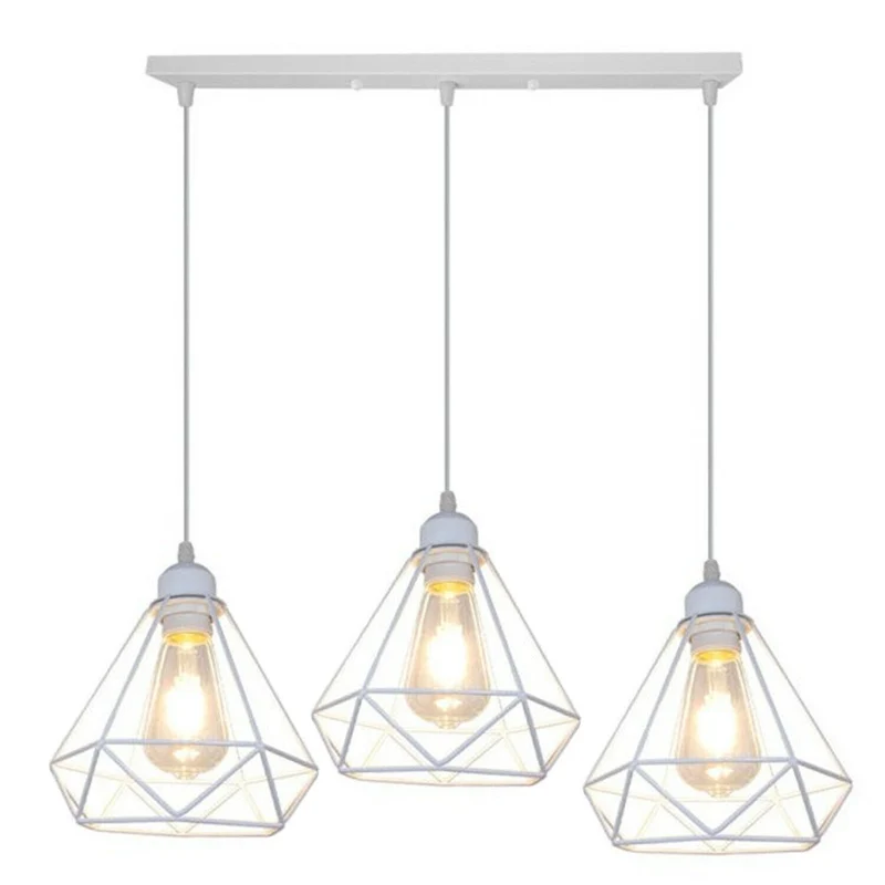 Rechteckige Basis 3 Steckdose Retro Industrial Weiß Diamond Cage Deckenpendelleuchte Hängende Innenbeleuchtung~1898