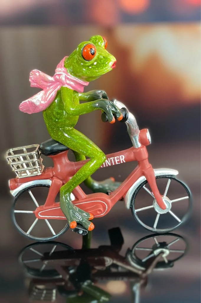 Deko Frosch Fridolin hellgrün auf Fahrrad