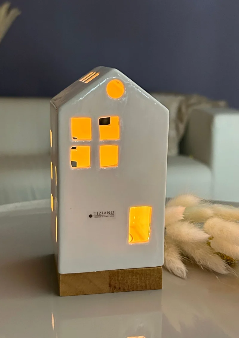 Teelicht Haus Oslo auf Holzbase weiß-creme