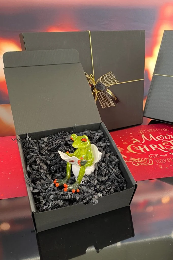 Geschenkbox Dekobox Frosch sitzend auf Toilette grün