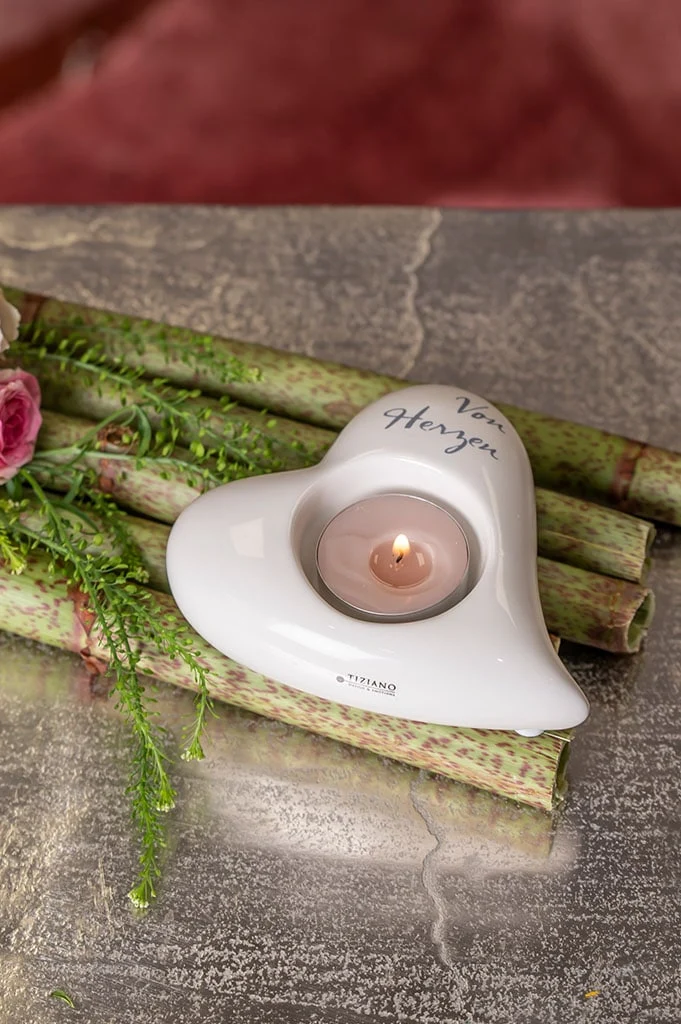 Herzteelicht Amore flach 13,5cm mit Schrift "Von Herzen"