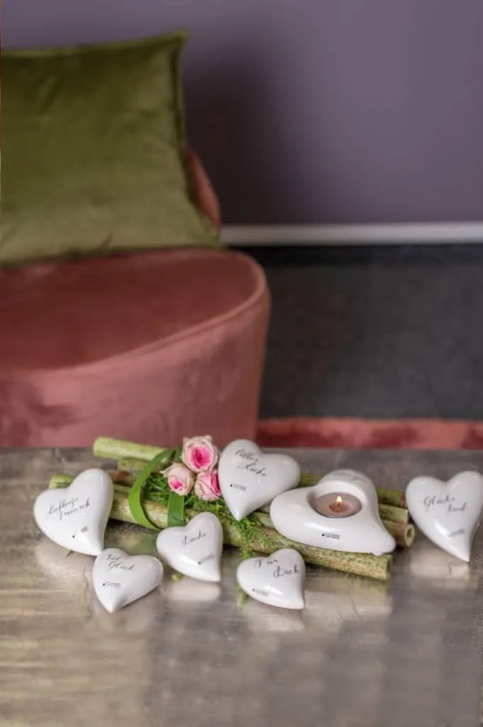 Herzteelicht Amore flach 13,5cm mit Schrift "Von Herzen"