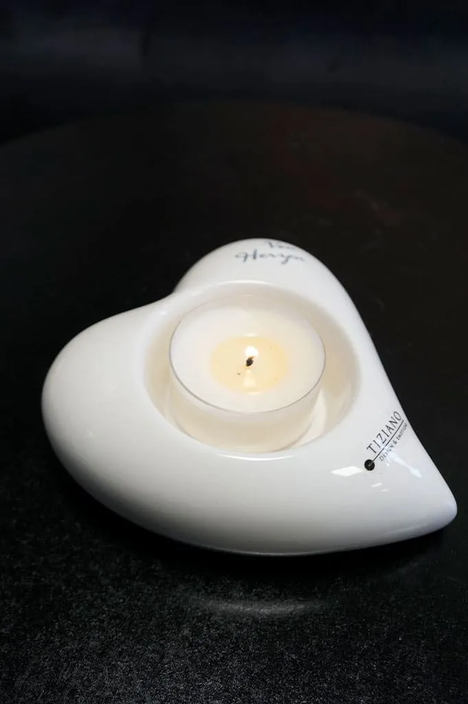 Herzteelicht Amore flach 13,5cm mit Schrift "Von Herzen"