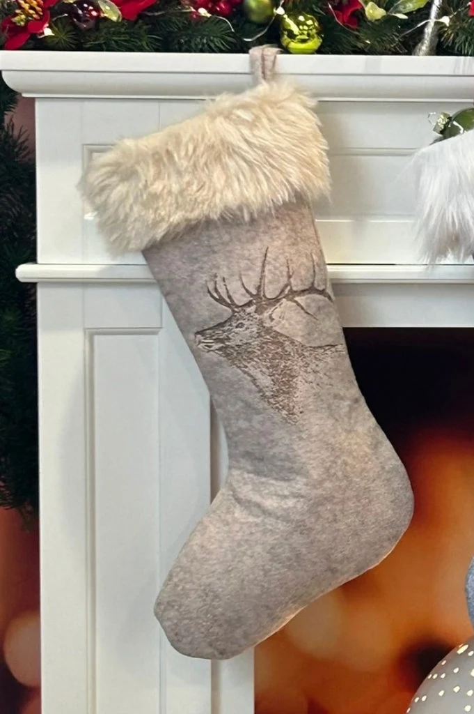 Deko-Filzstiefel "Hirsch" grau & creme