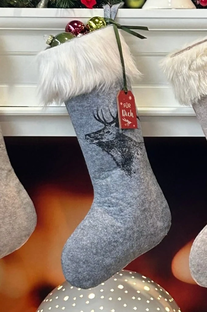 Deko-Filzstiefel "Hirsch" grau & creme