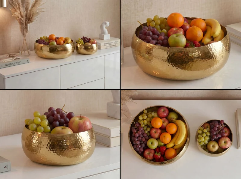Obstschalen-Set Gold aus Aluminium mit Hammerschlag-Optik, Wohnling
