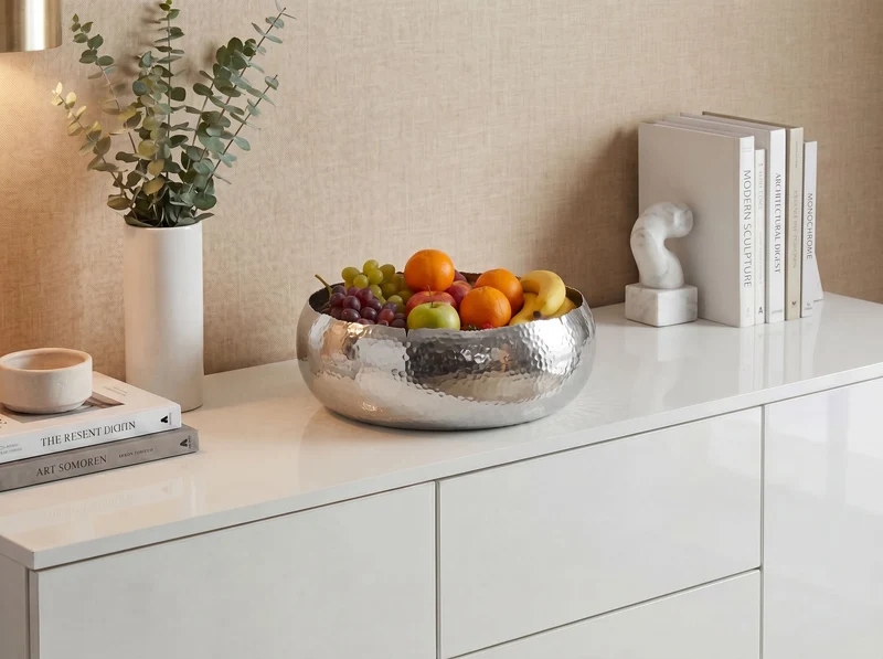 Obstschale Rund Silber 35 cm aus Aluminium mit Hammerschlag-Optik