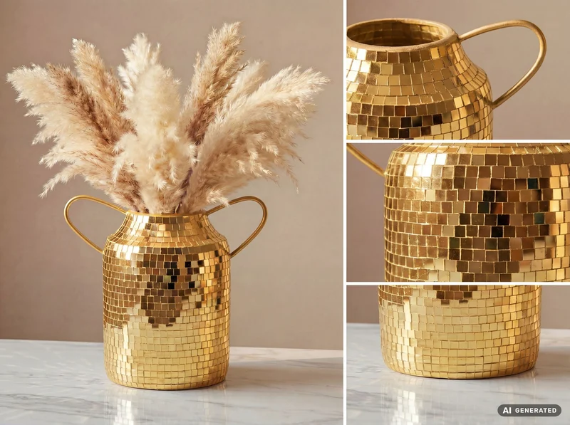 Tischvase Aluminium Gold 32 cm im Mosaik-Disco-Design mit Henkel