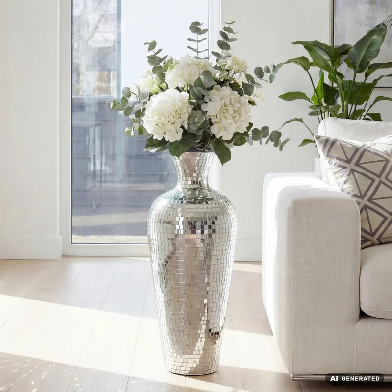 Bodenvase Mosaik Silber 50 cm – XL Standvase im Disco-Kugel-Design