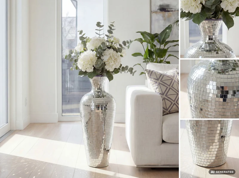 Bodenvase Mosaik Silber 50 cm – XL Standvase im Disco-Kugel-Design