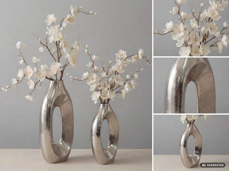 Dekovase 2er Set Metall Silber im Ring-Design – Standvase Wohnling