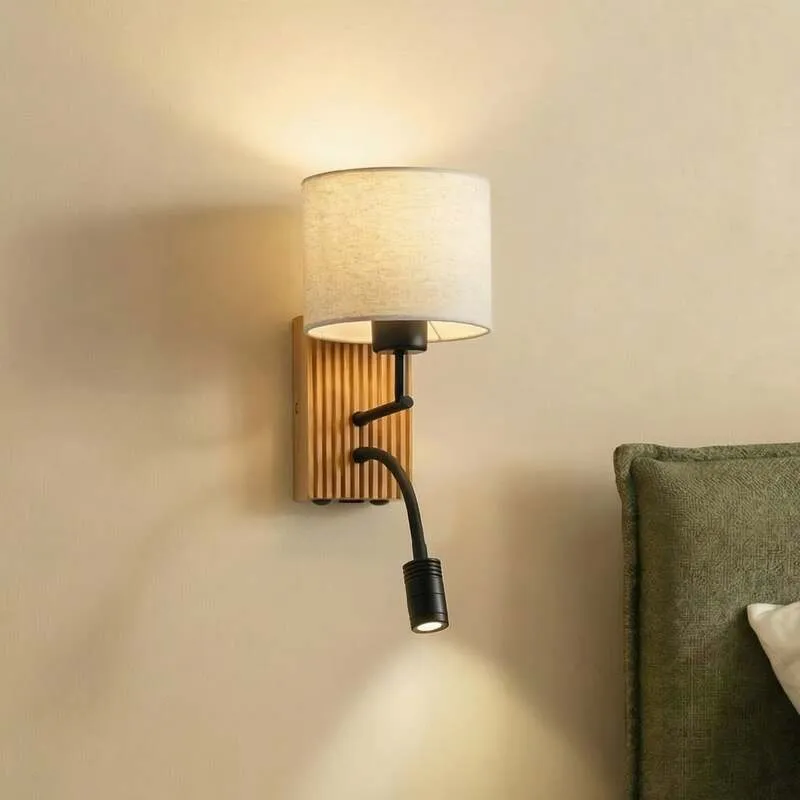 B-Ware Lucande Wandlampe Lieske LED Wandleuchte Lampe beige Textil Holz 39cm hoch