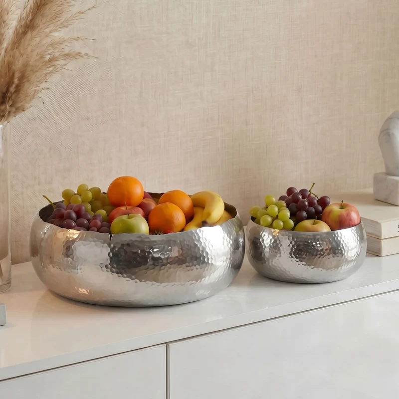 Obstschale Hammerschlag 2er-Set Silber, rund aus Aluminium
