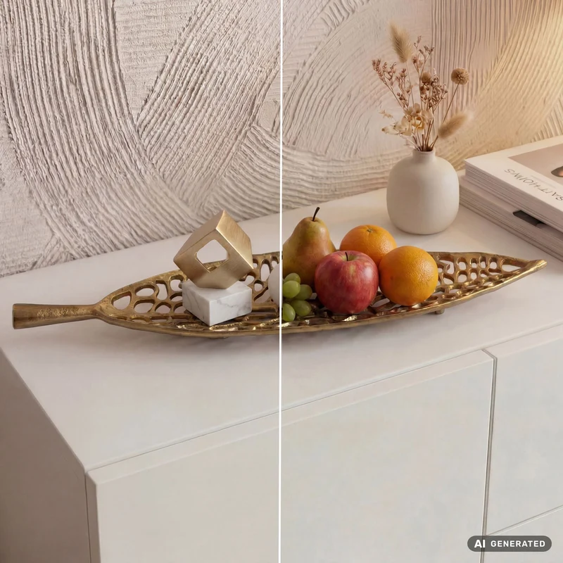 Dekoschale Blatt Gold 63 cm Aluminium handgefertigt fürs Wohnzimmer