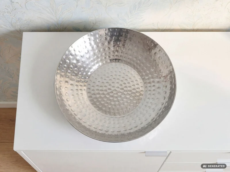 Obstschale Rund Silber 50 cm, Hammerschlag-Design aus Aluminium