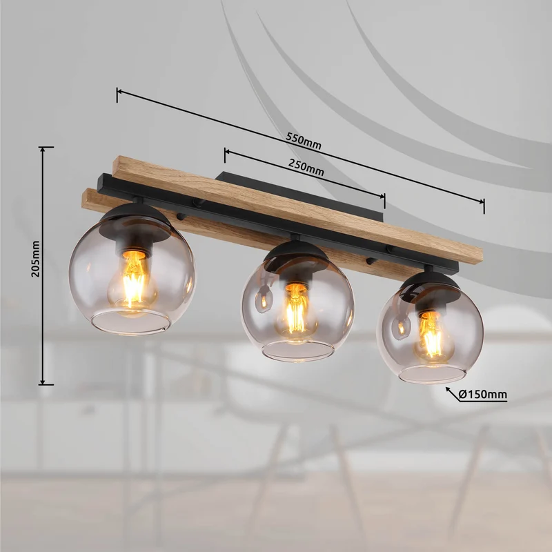 B-Ware Globo Deckenlampe Leuchte Conni Lampe Länge 60 cm rauchgrau Holz Glas 3 flg