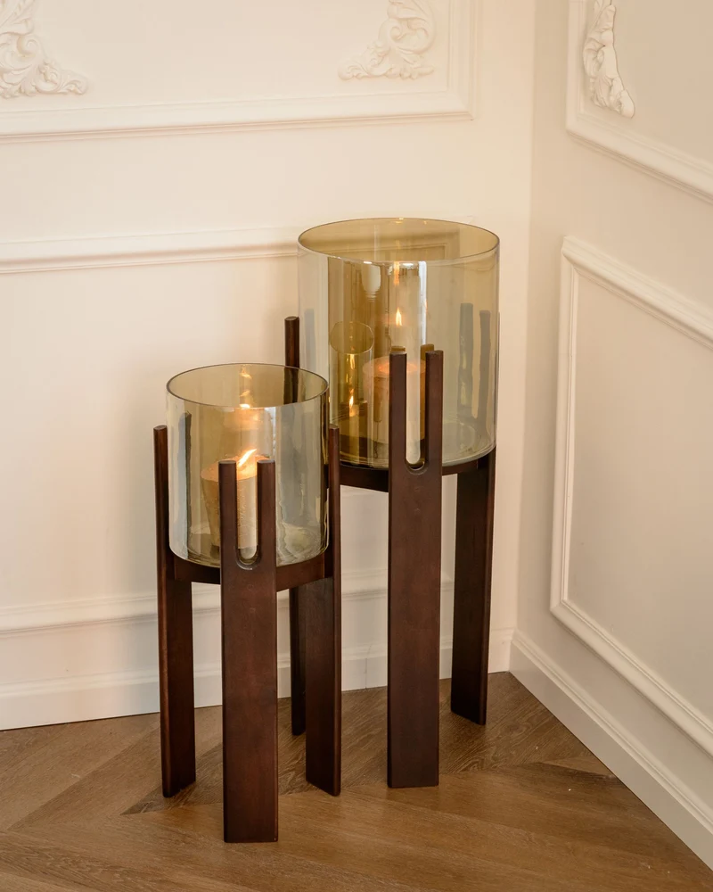 Elegantes Windlicht Reese Walnut Large aus Mangoholz & Glas, 80 cm