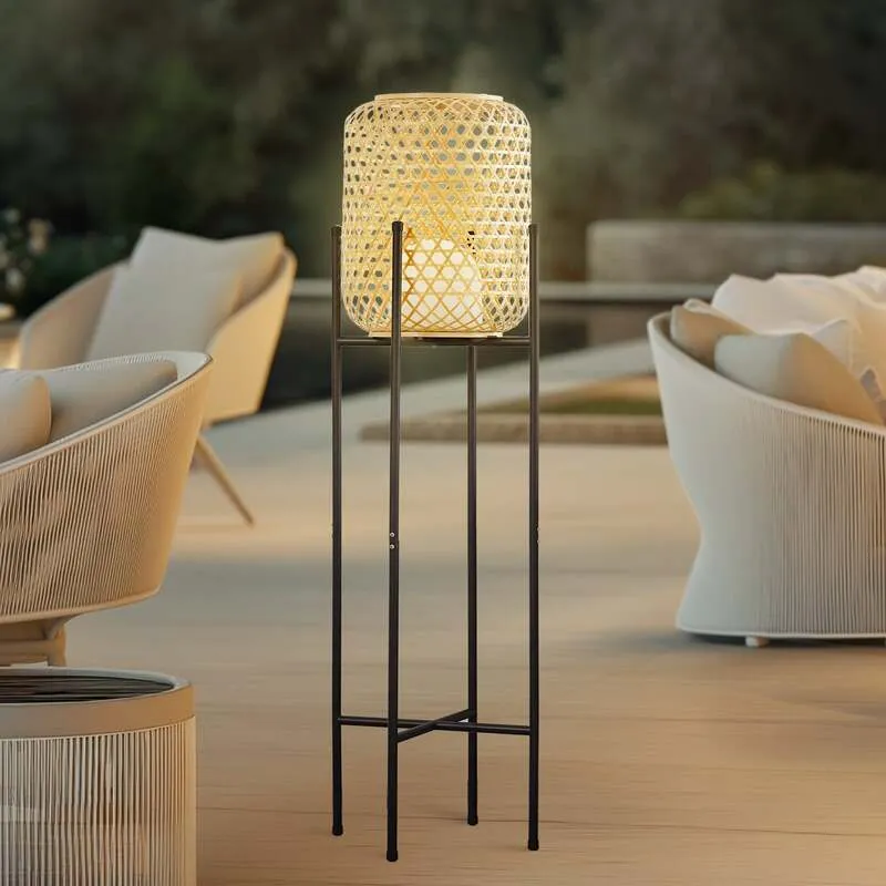 B-Ware Lucande Stehleuchte Standlampe LED Akku Adebi Bambus Schwarz Dimmfunktion Outdoo