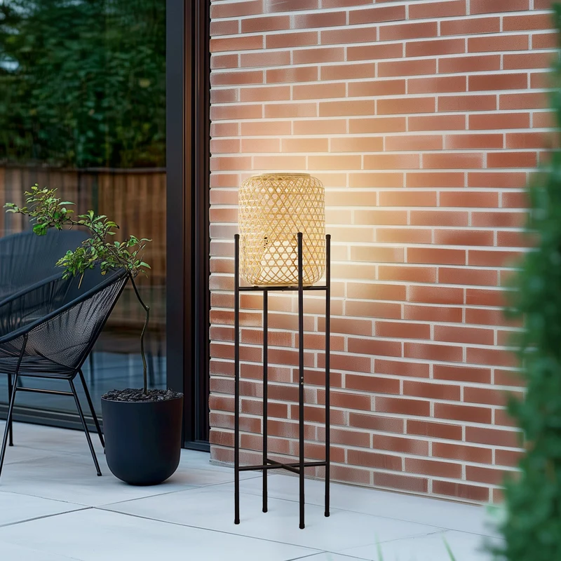 B-Ware Lucande Stehleuchte Standlampe LED Akku Adebi Bambus Schwarz Dimmfunktion Outdoo