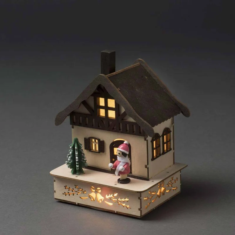 LED Holzsilhouette Fachwerkhaus Weihnachtsbaum und pinker Figur warmweiß batteriebetrieb