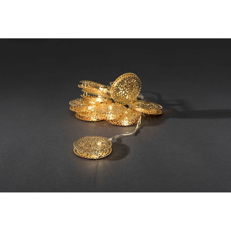 LED Dekolichterkette goldfarbene Metalltaler 10 Warmweiße Dioden batteriebetrieben