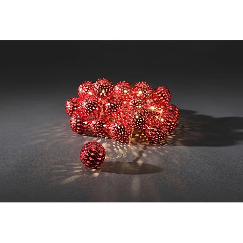 LED Dekolichterkette rote Metallbälle 24 Warmweiße Dioden