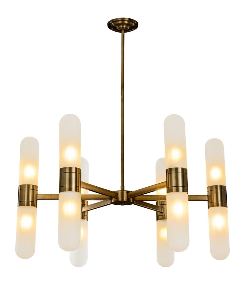 Pendelleuchte Tricon in Bronze mit 12 Flammen, Eisen & Glas