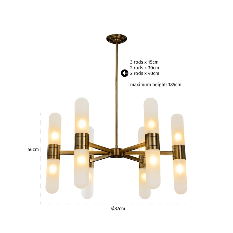 Pendelleuchte Tricon in Bronze mit 12 Flammen, Eisen & Glas
